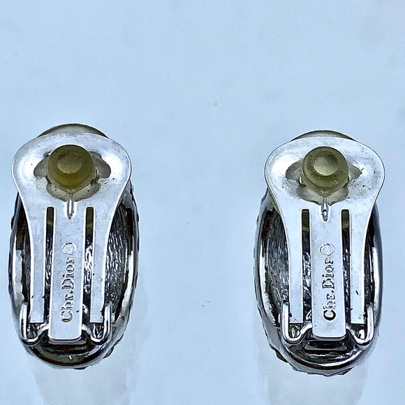 Vintage DIOR Silver Half Circle Rhinestone Clip Earrings - Picture 3 of 4